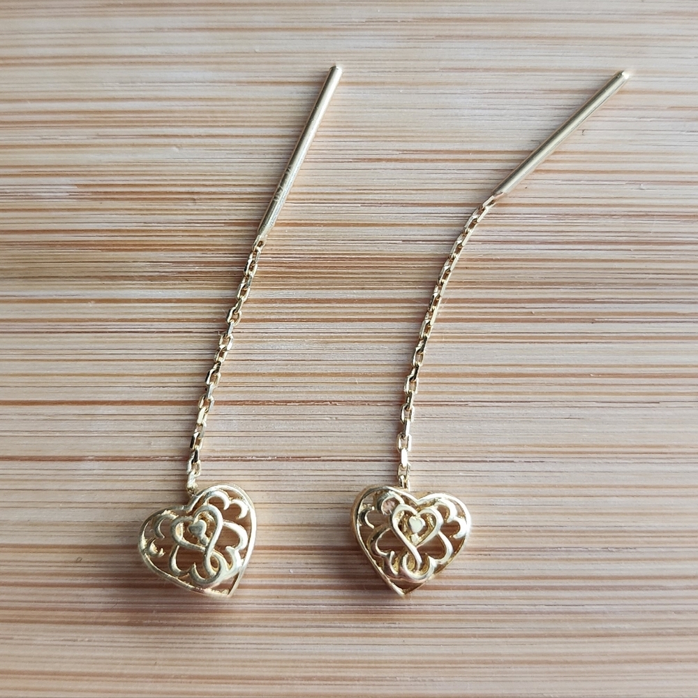 18K SOLID GOLD Heart Drop Earrings